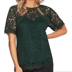 Dex Green Short-Sleeve Crochet Lace Blouse